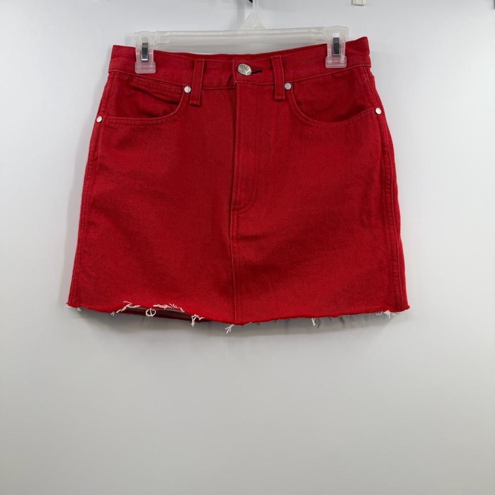 Rag & Bone Moss Bull Red Denim Mini Skirt Size 25 Raw Hem Made USA Y2K